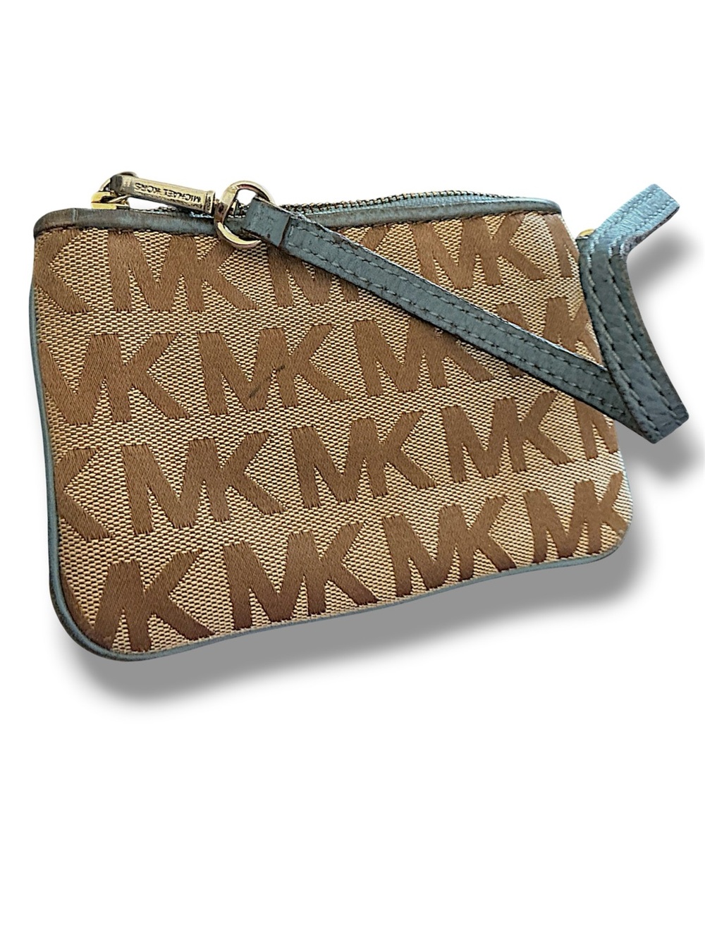 Michael Kors Brown Signature MK Wristlet with Blue Trim